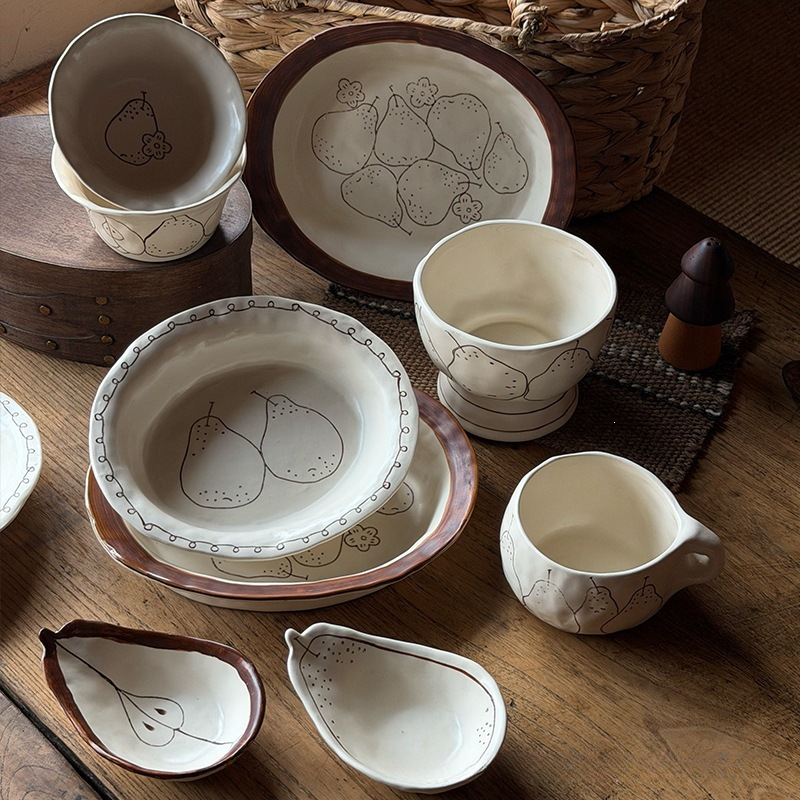 Four Seasons Pear Simple Line Drawing Hand-Painted Underglaze Color Ceramic Rice Bowl Household Tall Dessert Bowl Soup Plate Dipping Dish Four Seasons Pear Simple Line Drawing Hand-Painted Underglaze Color Ceramic Rice Bowl Household Tall Dessert Bowl Soup Plate Dipping Dish