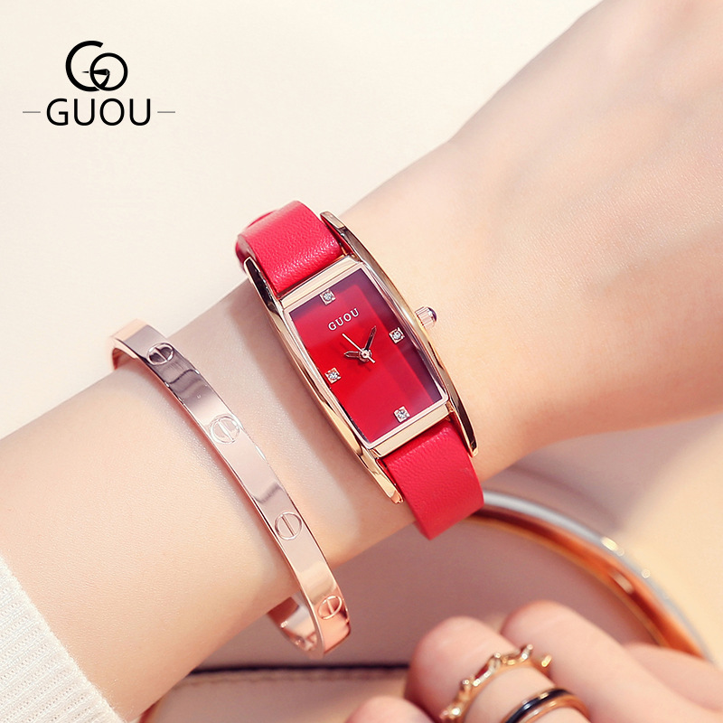 Guou Small Square Watch Strap Women's Watch Barrel Type Genuine Leather Women's Belt Quartz Square Watch Women