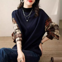 不起球圆领加绒卫衣女无帽2024春秋新款洋气复古格纹假两件上衣女