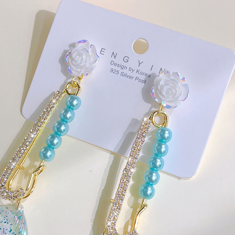 1 Pair Sweet Flower Fish Tail Glass Metal Rhinestone Womenu0027S Chandelier Earrings