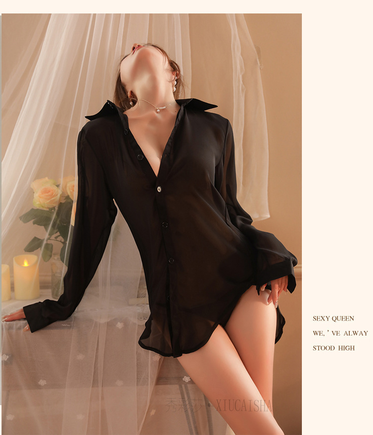 See-Through Chiffon Uniform Roleplay Shirt, Backless Boyfriend-Style Lingerie, Black One Size — detail image 15