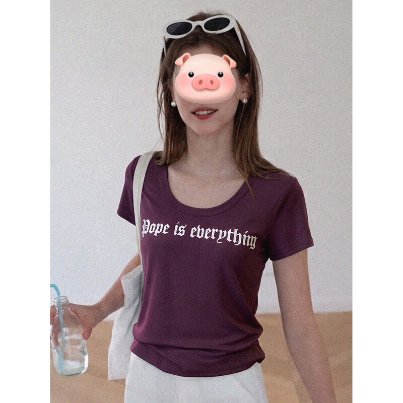 American retro hot girl style purple printed U-neck short-sleeve T-shirt for women, summer design, niche trendy top