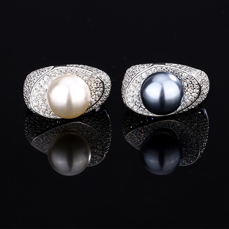 2024 nuevo estilo joyería cobre chapado en platino nuevo estilo con incrustaciones anillo de diseño de temperamento de perlas 12mm