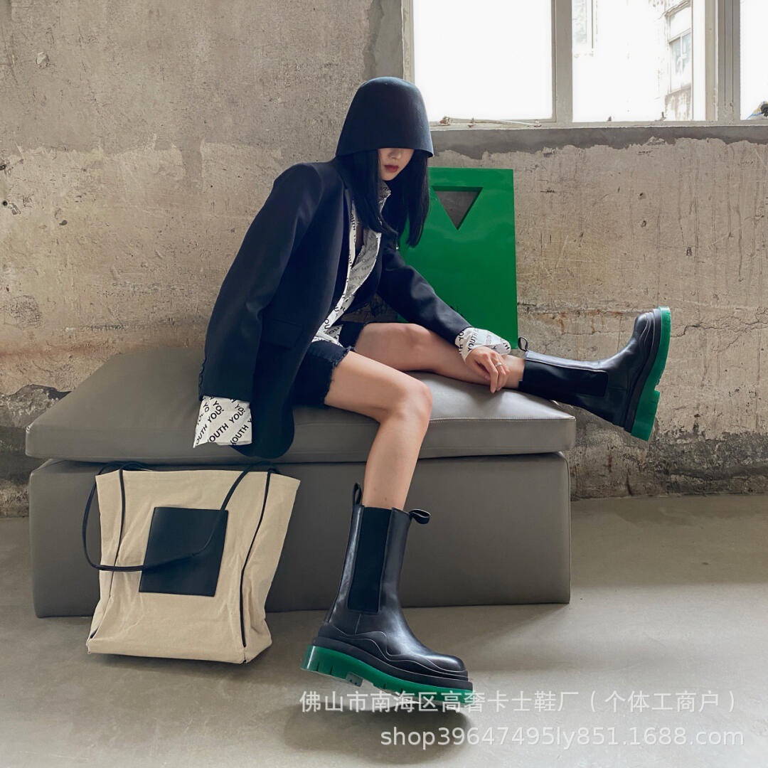 AW BVカラー合わせ本革マーティンブーツ女性カップルシングル中筒チェルシーブーツmona同一厚い底タバコブーツ