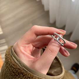韩版S925银个性绳结戒指女复古时尚嘻哈环环相扣开口指环食指戒潮
