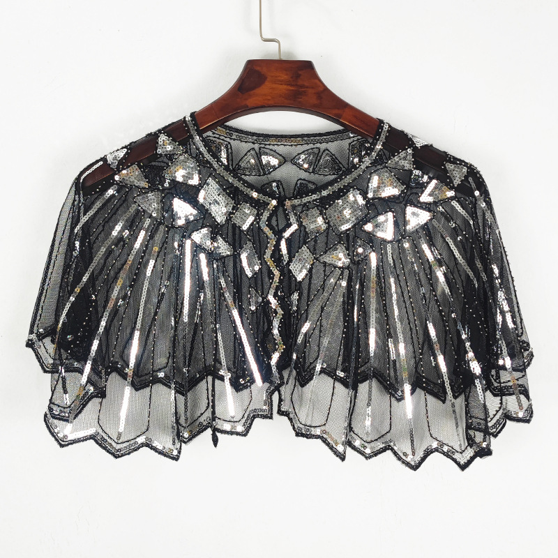 Sommerliche Pailletten-Mesh-Jacke für Damen im europäischen und amerikanischen Stil mit luftigen Perlenbesatz und Schulterpolstern, sonnenschützende, dünne Kurzjacke mit_voghion.com