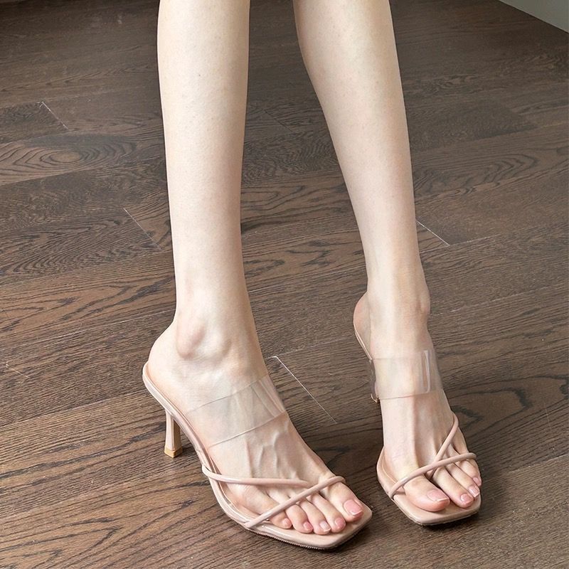 Open-toe Slippers for Women, Square Toe, Fashionable Stiletto Heels, Simple High Heels, Korean Style Versatile Transparent Sandals, Women's Outer Sandals