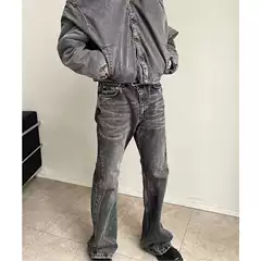 Auticup autumn and winter new old washed black gray mop horn loose baggy damage jeans cat whiskers tide