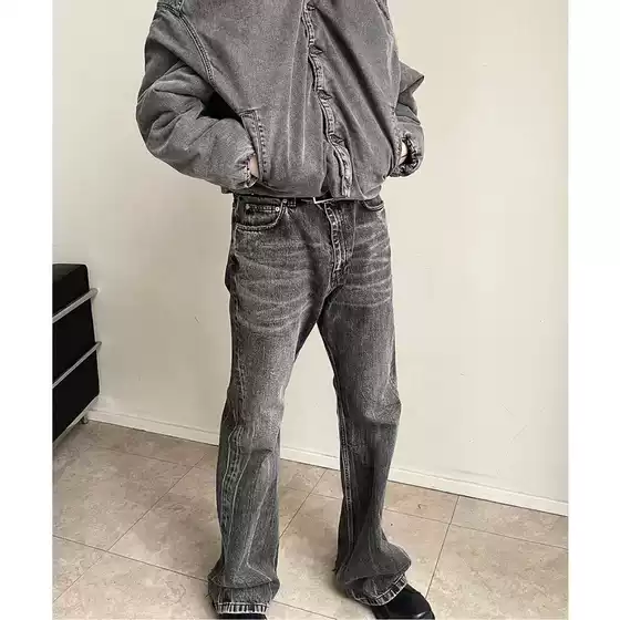 Auticup autumn and winter new old washed black gray mop horn loose baggy damage jeans cat whiskers tide