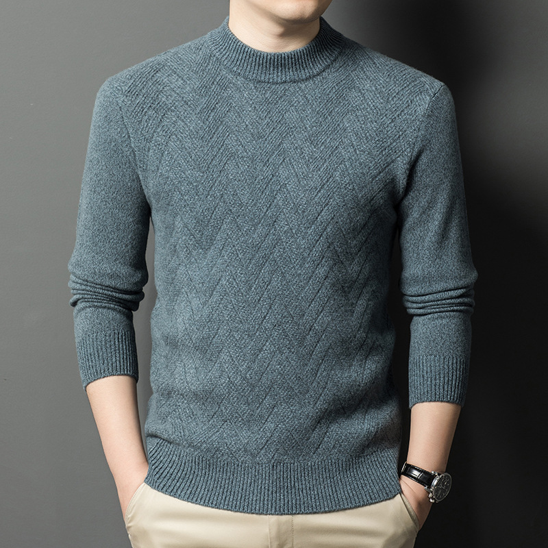 2024 겨울 새로운 젊은 및 중년 남성 유행 캐주얼 라운드 넥 두꺼운 따뜻한 순수 양모 니트 베이스 셔츠