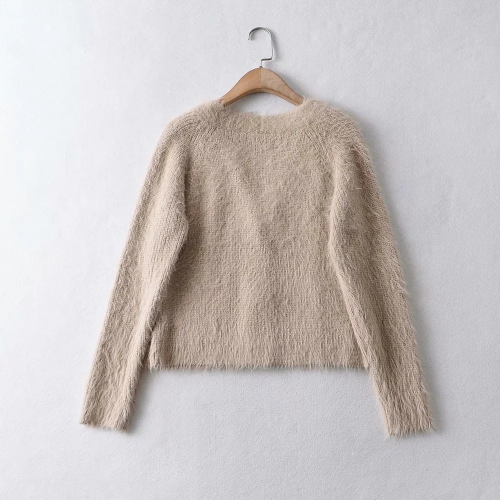 Solid color button front fluffy sweater NSHS46972