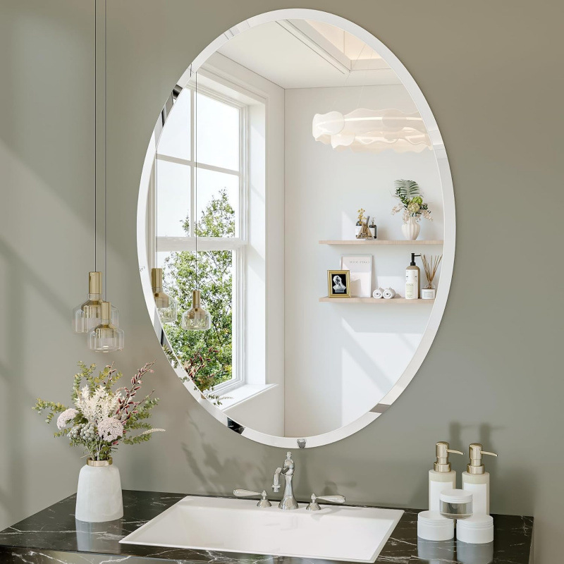 Frameless Oval Mirror with Metal Frame, Bathroom Vanity Mirror with Beveled Edges, Decorative Oval Wall Mirror, Custom-Made