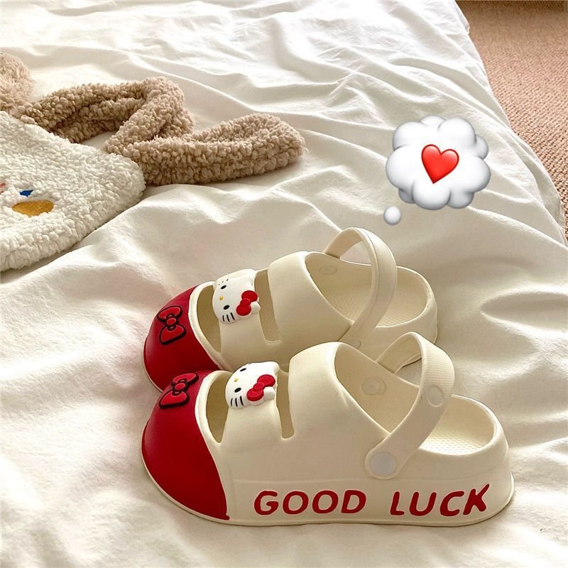 Cute and Adorable Kt Cat Thick-Soled Cartoon Clogs for Girls, 2024 Summer Outdoor Breathable Height-Increasing Sandals