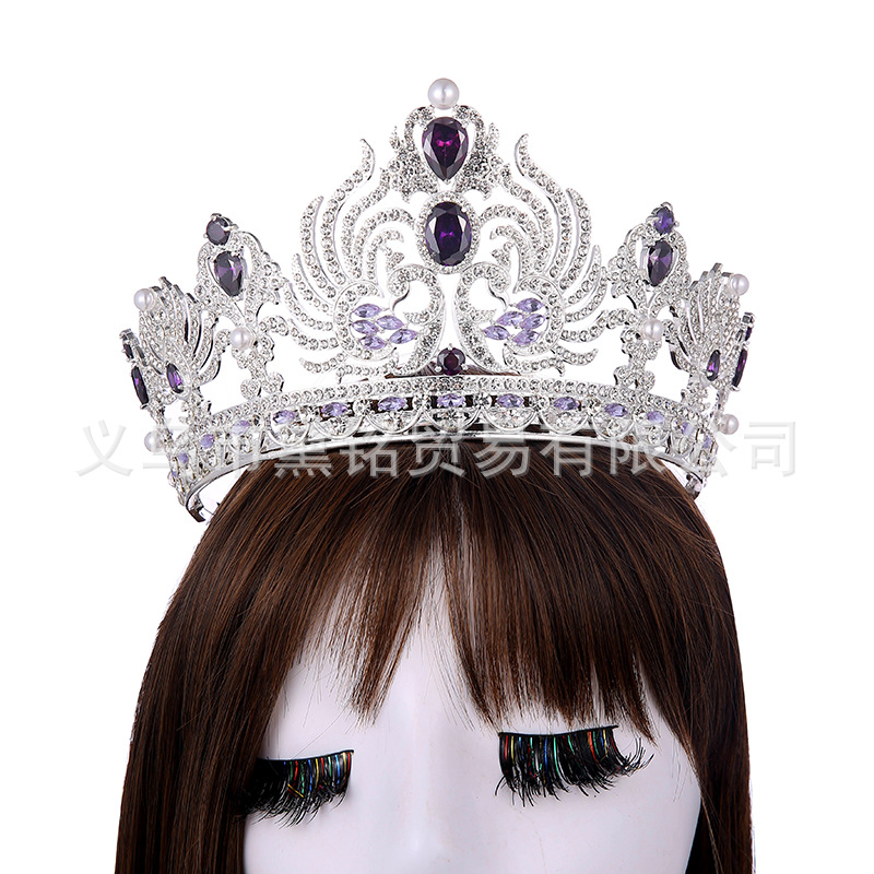 Circón púrpura del desfile de la Corona Perla Rhinestone completo redondo corona volver tamaño ajustable vestido tocado