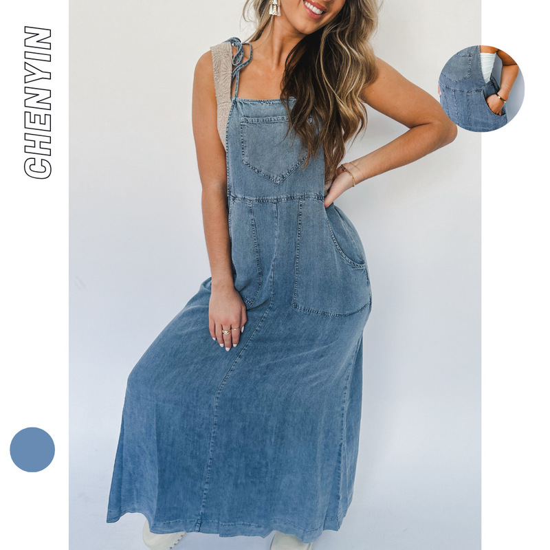 Ins New European and American Women's Summer dress-Lace-Up Tooling Style Denim Washed Multi-Pocket Long Dress