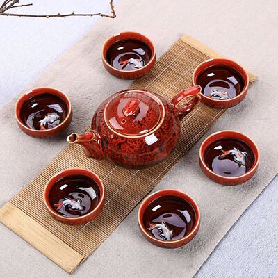 Kiln transformation wire drawing Tianmu Jianzhan tea set Set Cup teacup teapot Kungfu Online tea set suit household Gift box gift