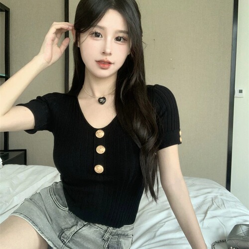French pure desire style niche slim straight shoulder short-sleeved T-shirt summer short hot girl sexy temperament knitted top for women
