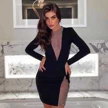 设计感闪亮V领水钻修身开叉连衣裙小众包臀显瘦长袖绷带裙礼服女