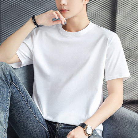 Men's Summer Loose Simple Half-sleeve T-shirt Trendy White All-match Casual Clothes Short-sleeve T-shirt Pure White Solid Color