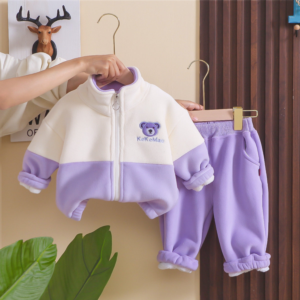 Ensemble d'automne et de vêtements pour garçons, nouveau style élégant 2024, ensemble deux pièces pour bébé fille avec ours en peluche épissé, vêtements pour enfants_voghion.com