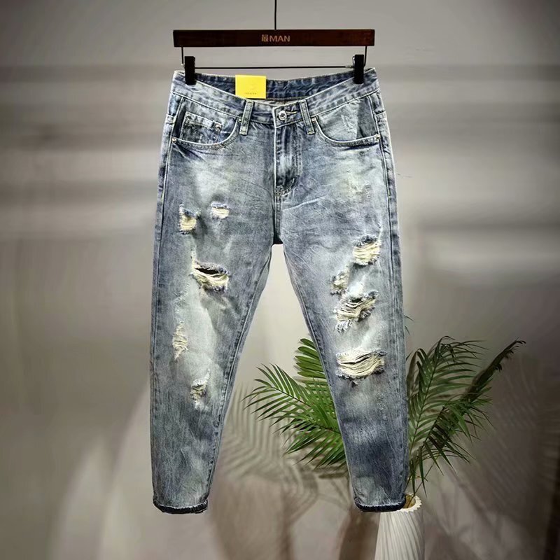 Ripped cropped jeans men's summer thin fashion brand slim fit skinny Korean style fashionable broken spring and autumn pants