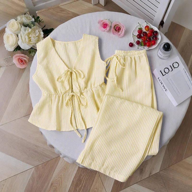 Summer Solid Color Striped Set Casual Tie-Up Versatile Vest Loose Tie-Up Solid Color Long Pants Casual Sweet Set