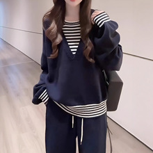 假两件拼接条纹撞色针织毛衣女秋季新款韩系慵懒宽松气质外搭上衣