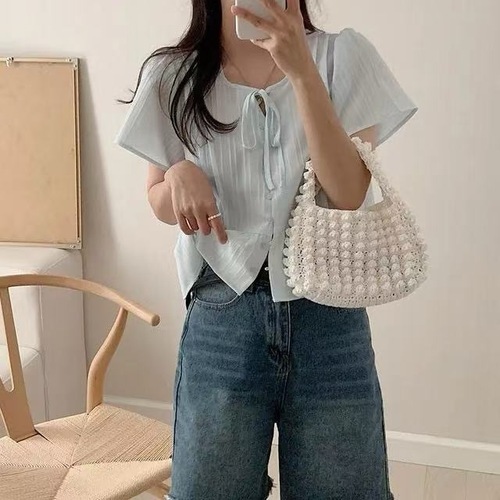 Chic Korean-style summer girl's dress shirt with sweet and gentle bow pleated design women's fashion top