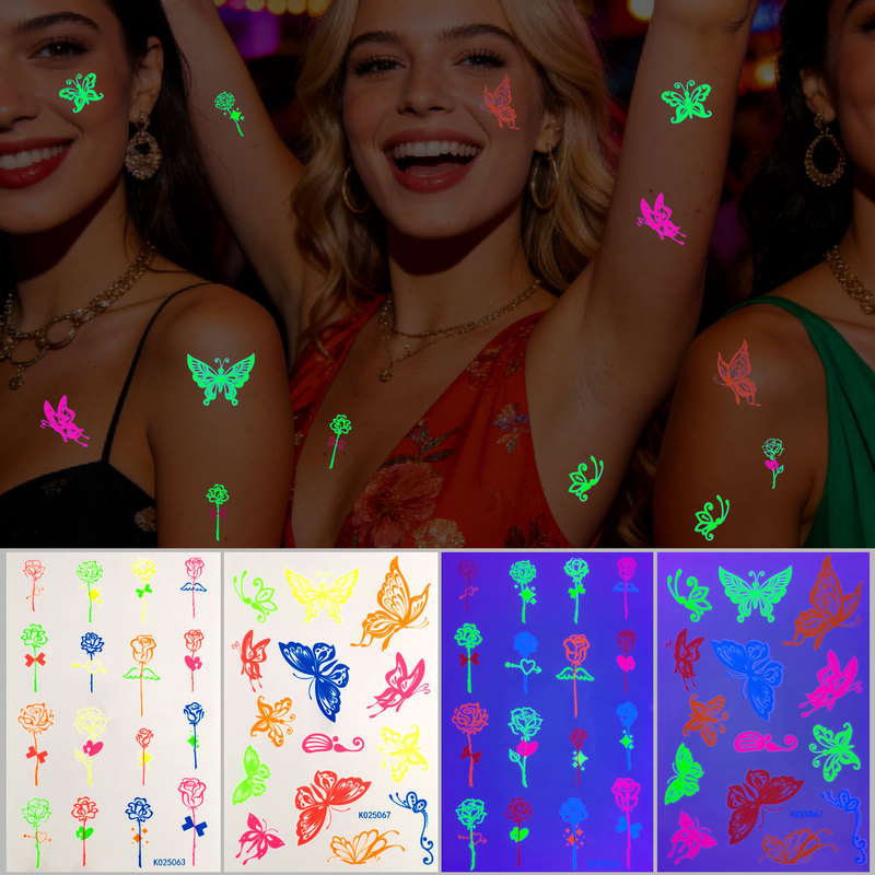 Cross-Border New Fluorescent Butterfly Tattoo Stickers for European and American Music Festivals and Parties, Waterproof and Sweat-Proof, Luminous Disposable Tattoo Stickers