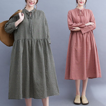 2022秋季新款大码女装韩版外贸棉麻格子系领带长款宽松连衣裙