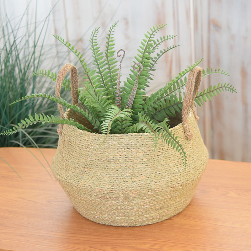 Cesta tejida portátil Cesta de flores de interior Maceta de paja Tejido de bambú Plantas Tejido de paja Cesta de paja plegable de piso al por mayor