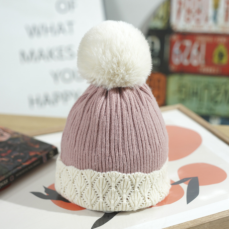 Winter Women's With Fleece Lining, Thickened And Warm Knitted Hat, Foreign Trade Cross-Border Pom-Pom Color-Block_voghion.com