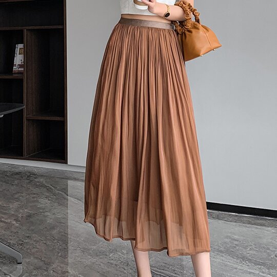 2025 New Summer Style Flowing Gauze Skirt Chiffon Mid-Length Elegant Work Clothing Pleated Design Classy Slimming Look Skirt