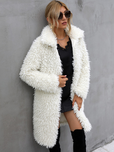 F0637 Cross-border Hot-selling In-Stock Women's Autumn/Winter Faux Fur Plush Lapel Warm Long Coat Jacket—EU & US Style
