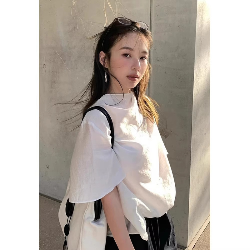 Pearlescent Solid Color Ruffled Collar Short-Sleeve Women's T-Shirt, Summer 2026 New Style, Flared Sleeves, Loose Fit, Versatile T-Shirt 1331 Four Ladies