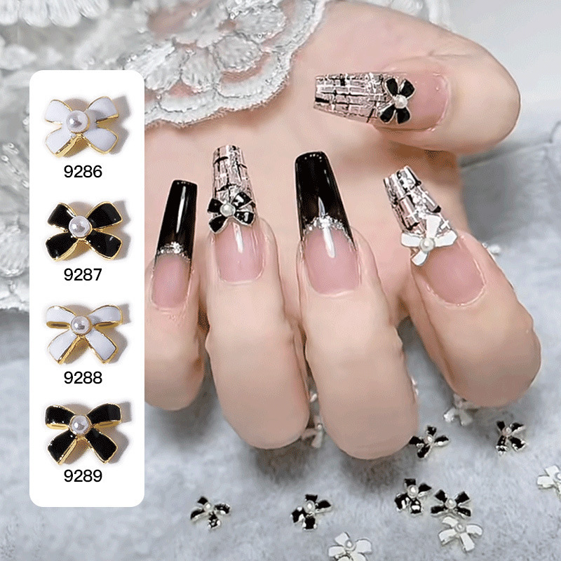 New 5 Small Chanel Style Nail Art Alloy Jewelry Oil Pearl Bow Black and White Simple French Nail Decoration New 5 Small Chanel Style Nail Art Alloy Jewelry Oil Pearl Bow Black and White Simple French Nail Decoration