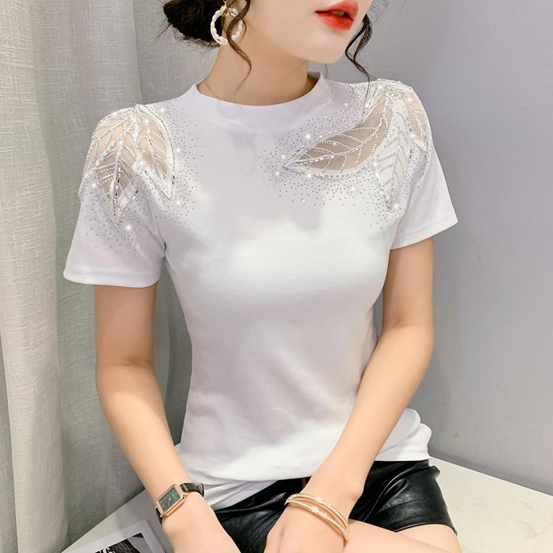 Camiseta de mujer de manga corta con cuello redondo, diseño hueco de encaje y pedrería, ajustada y adelgazante, nueva colección primavera-verano europea transfronteriza, al por mayor. image 11