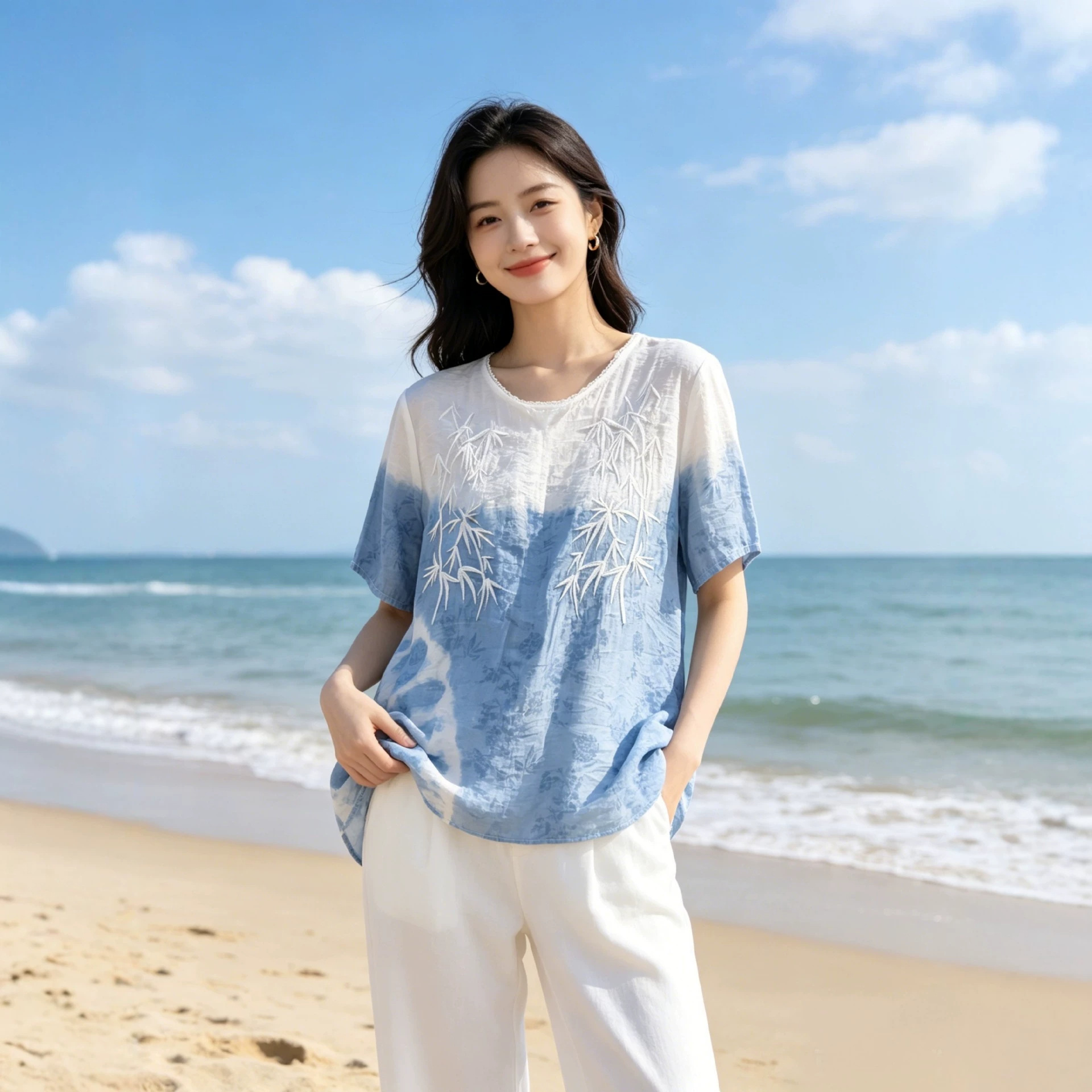 Wholesale Handmade Pure Plant-Based Indigo-Dyed Tie-Dye Loose-Fitting Embroidered Button-Up Women's Top from Dali, Yunnan