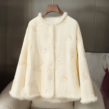 2025新款桑蚕丝保暖棉衣新中式真丝丝绒中式亮片绣高端水貂毛棉服