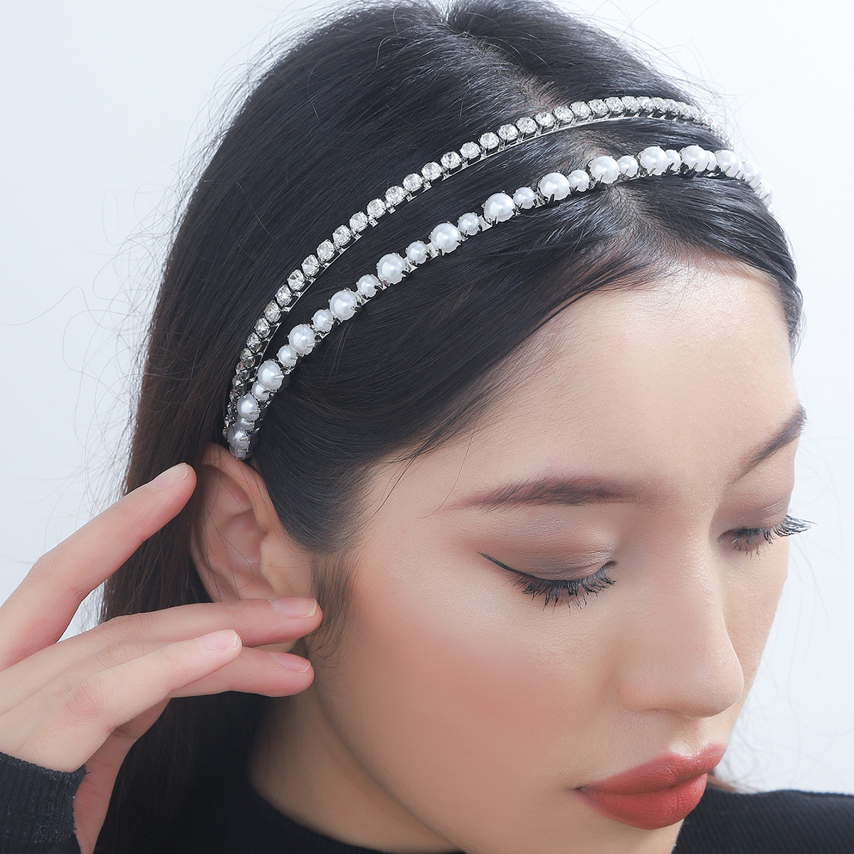 Europa y los Estados Unidos perlas red personalidad roja super brillante doble diamante cabeza de aro estilo coreano dulce perilla de cabello accesorios para el cabello