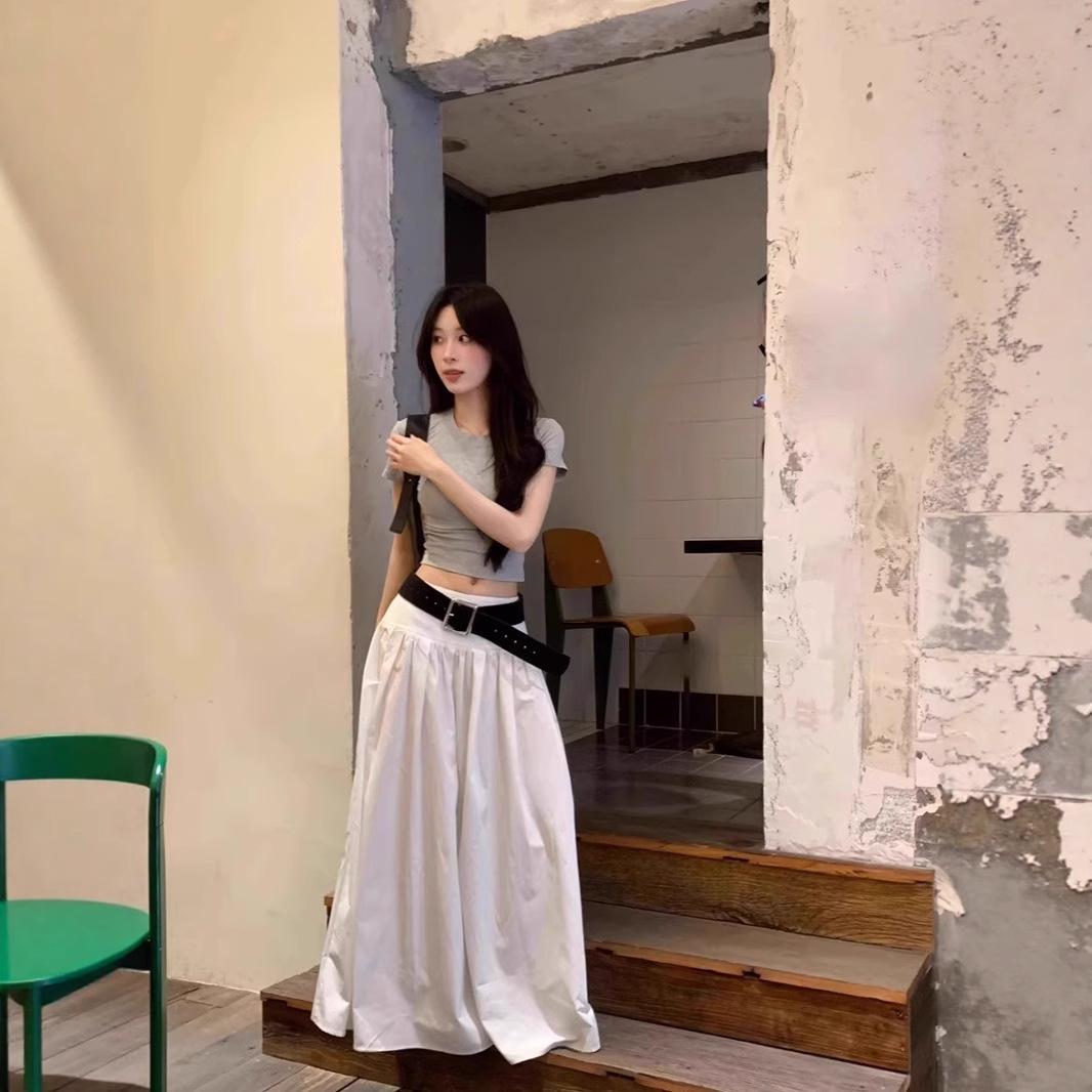 Korean Summer High-Waisted Casual Style White Skirt, Sweet and Cool Sexy Work Clothing A-Line Long Skirt with Large Hem Umbrella Skirt