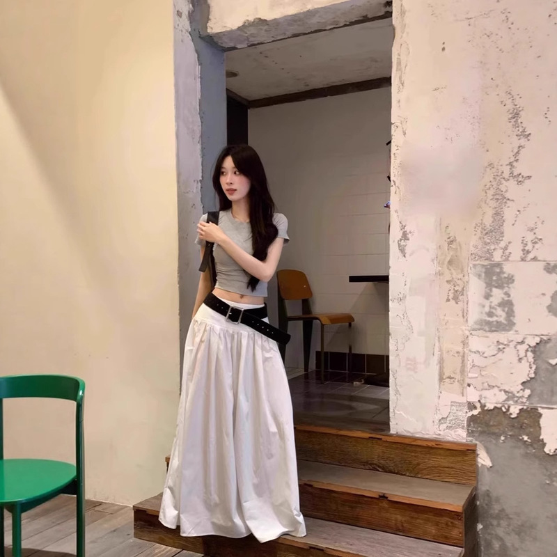 Korean Summer High-Waisted Casual Style White Skirt, Sweet and Cool Sexy Work Clothing A-Line Long Skirt with Large Hem Umbrella Skirt