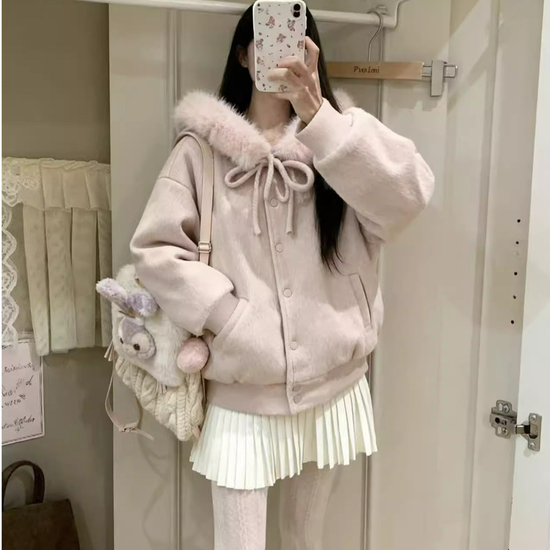 Pink Warm Velvet Bow Tie Fur Collar Hooded Woolen Thick Coat for Women Winter Thickened High-End Cotton Clothing Winter Wear