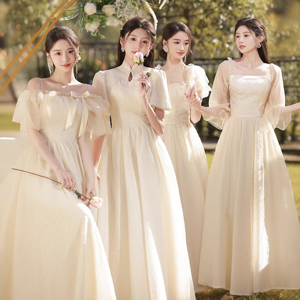 Champagne-Colored Bridesmaid Dresses, Summer Elegant Sister Group Evening Gowns, Women's Tailored Puffy Dresses with Square Neck, Elegant and Luxurious