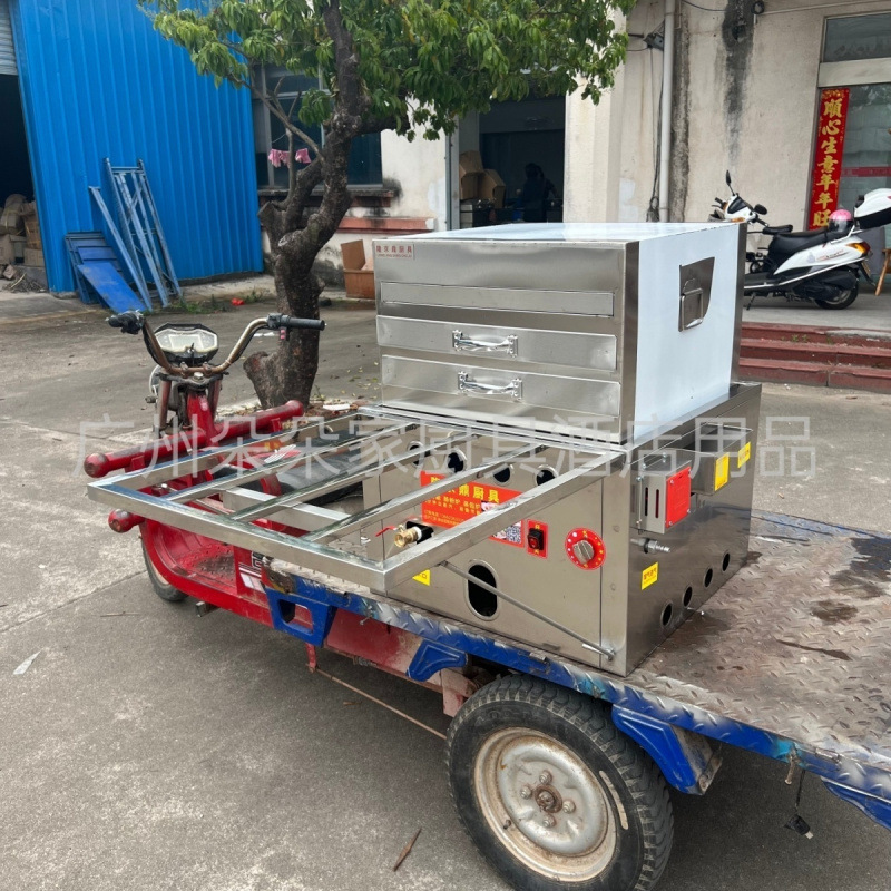 Longjingding modelo de coche de tres ruedas máquina de salchichas de gas vapor comercial multifuncional horno de salchichas de vapor de desayuno cabina completa