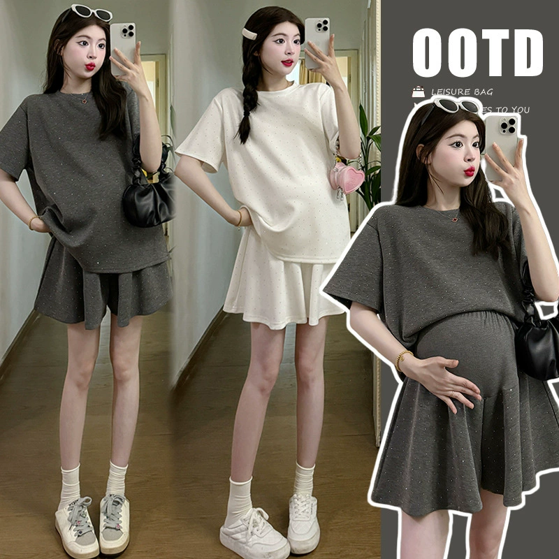 Спотовые новые летние модные яркие бриллианты футболки с короткими рукавами брюки юбка для беременных набор из двух частей