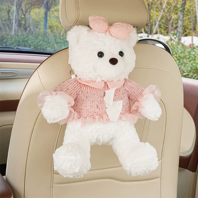 Cartoon bear car tissue box, Car tissue box/set - rabbit-fur-embossed-bear-tissue-box-white-with-pink-clothing-and-bow