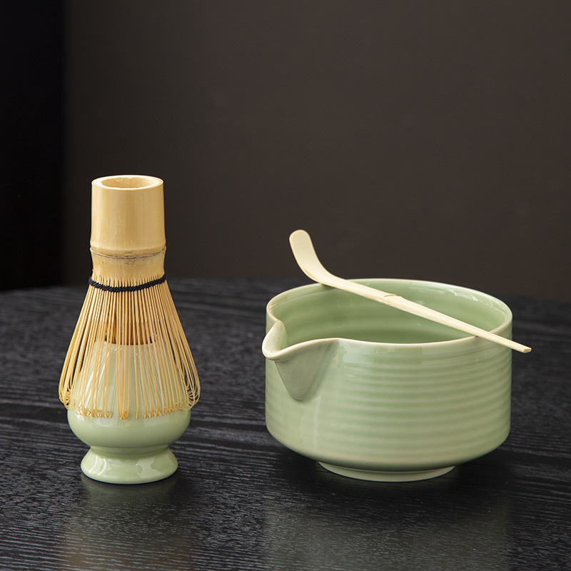 Juego de cuatro piezas de ceremonia del té de matcha, jaula de té de Baiben, tazón de té de pie, juego completo de combinación japonesa, té de punto, accesorios de jaula de té