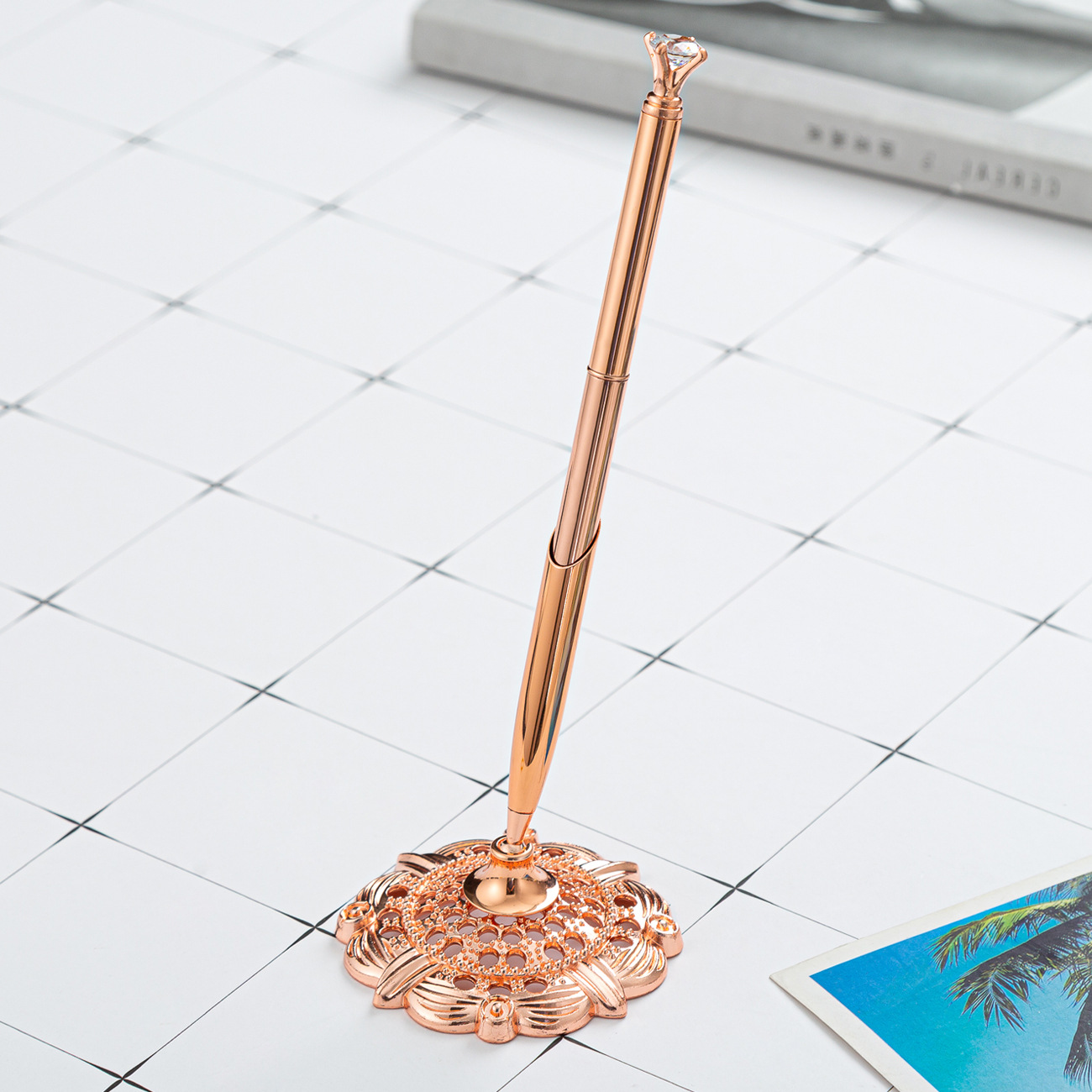 Pluma de mesa de diamante en stock bolígrafo de diamante al por mayor Banco Hotel contador pluma imprimible logotipo pluma de diamante pluma de mesa