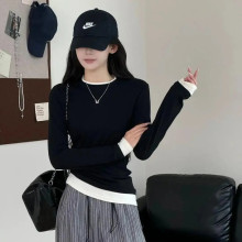 秋冬季气质女装百搭假两件褶皱收腰长袖t恤女内搭修身打底衫上衣